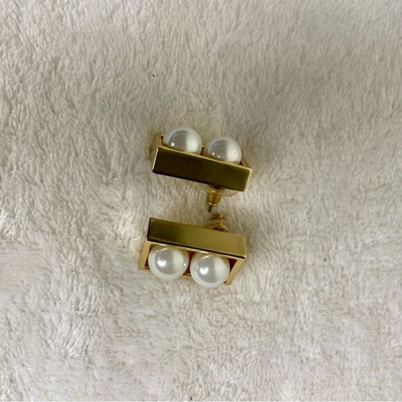 Vintage Earrings Faux Double Pearl Rectangular Post Pierced Retro 80s Gold Tone - Picture 2 of 9